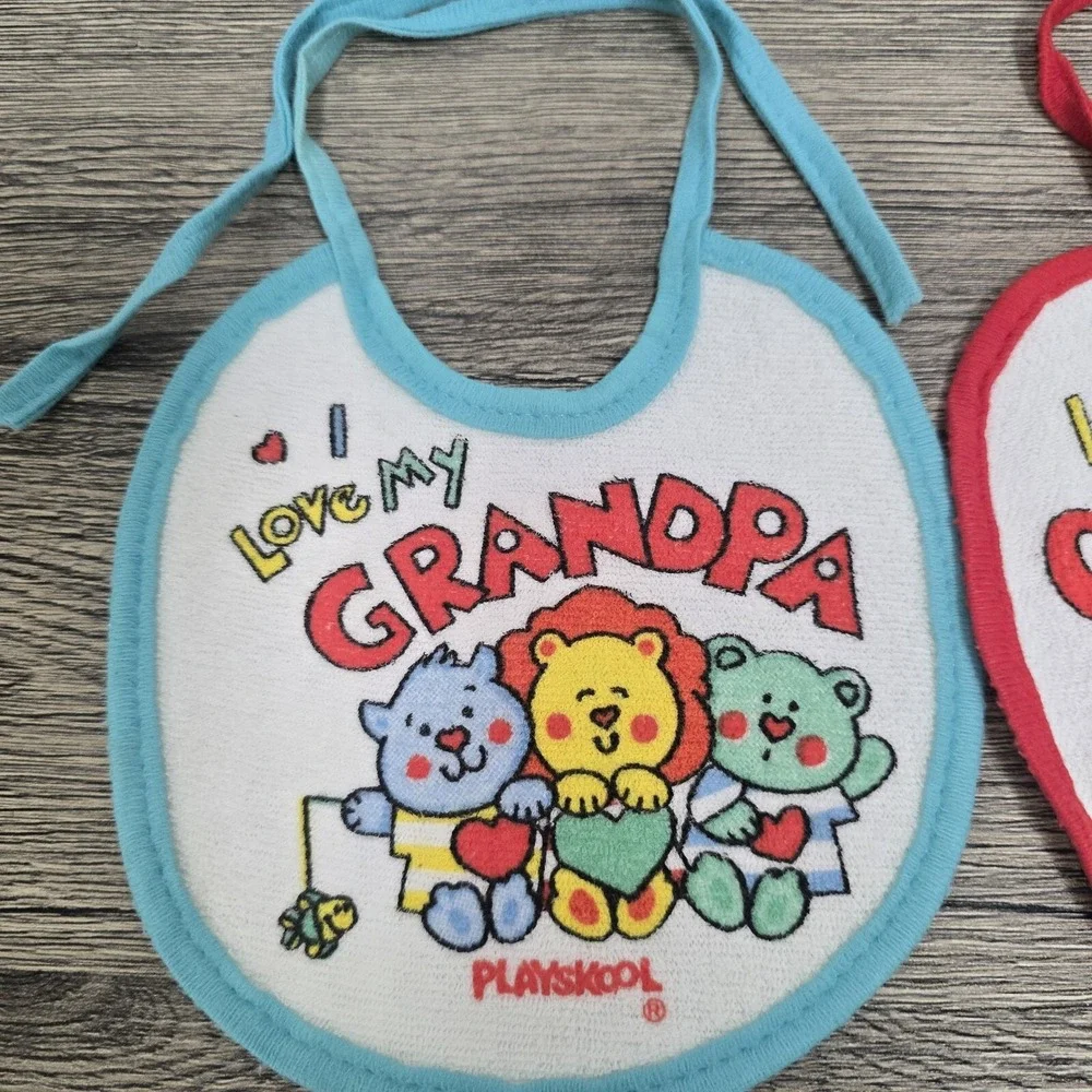 (2) Playskool Baby Bib I Love My Grandma Bird Heart‎ Vintage Flamingo Bears Lion